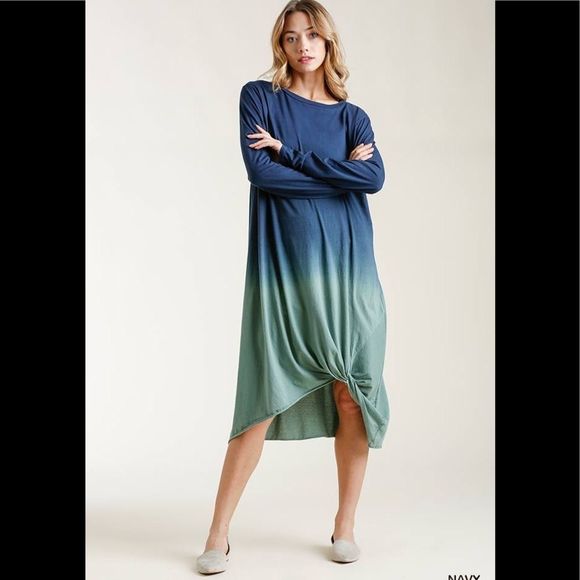 Umgee Dresses & Skirts - Umgee Navy & Green Ombre Front Knot Detail Long Sleeve Midi Dress